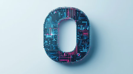The letter "O" designed with futuristic technology elements, such as microchips and digital grids, standing out on a minimalist white background.の素材