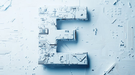 The letter "E" designed with futuristic technology elements, such as microchips and digital grids, standing out on a minimalist white background.の素材