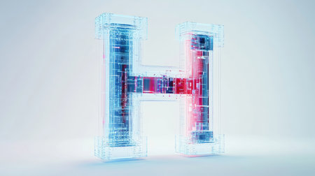 The letter "H" designed with futuristic technology elements, such as microchips and digital grids, standing out on a minimalist white backgroundの素材