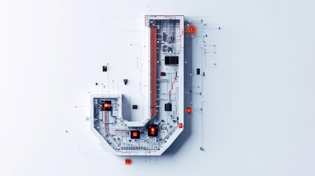 The letter "J" designed with futuristic technology elements, such as microchips and digital grids, standing out on a minimalist white background.の素材