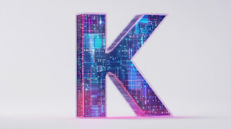 The letter "K" designed with futuristic technology elements, such as microchips and digital grids, standing out on a minimalist white background.の素材