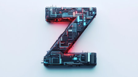 The letter "Z" designed with futuristic technology elements, such as microchips and digital grids, standing out on a minimalist white background.の素材