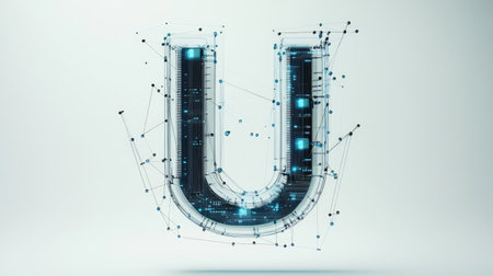 The letter "U" designed with futuristic technology elements, such as microchips and digital grids, standing out on a minimalist white background.の素材