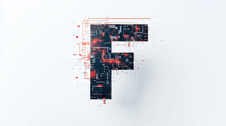 The letter "F" designed with futuristic technology elements, such as microchips and digital grids, standing out on a minimalist white background.の素材