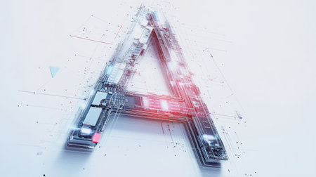 The letter "A" designed with futuristic technology elements, such as microchips and digital grids, standing out on a minimalist white backgroundの素材