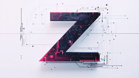 The letter "Z" designed with futuristic technology elements, such as microchips and digital grids, standing out on a minimalist white background.の素材