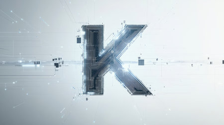 The letter "K" designed with futuristic technology elements, such as microchips and digital grids, standing out on a minimalist white background.の素材
