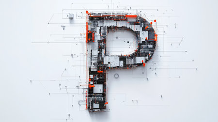 The letter "P" designed with futuristic technology elements, such as microchips and digital grids, standing out on a minimalist white background.の素材
