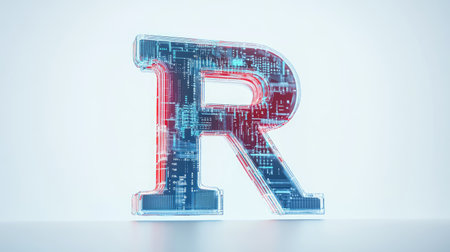 The letter "R" designed with futuristic technology elements, such as microchips and digital grids, standing out on a minimalist white background.の素材