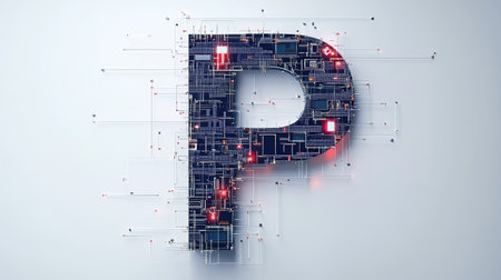 The letter "P" designed with futuristic technology elements, such as microchips and digital grids, standing out on a minimalist white background.の素材