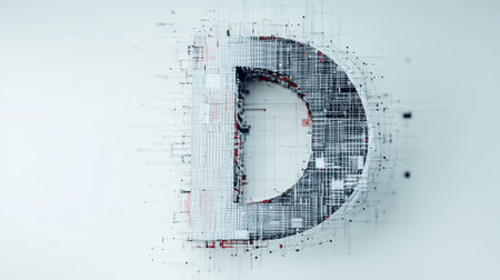 The letter "D" designed with futuristic technology elements, such as microchips and digital grids, standing out on a minimalist white background.の素材
