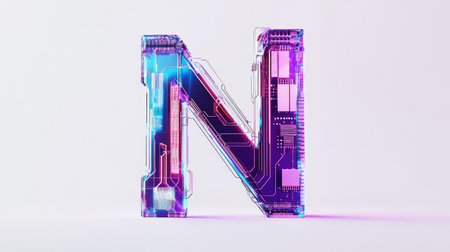 The letter "N" designed with futuristic technology elements, such as microchips and digital grids, standing out on a minimalist white background.の素材