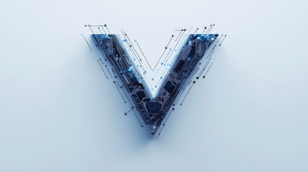 The letter "V" designed with futuristic technology elements, such as microchips and digital grids, standing out on a minimalist white background.の素材
