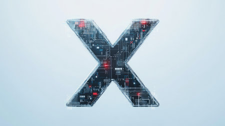 The letter "X" designed with futuristic technology elements, such as microchips and digital grids, standing out on a minimalist white background.の素材