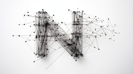 A sleek, modern "N" composed of tech-inspired lines and nodes, symbolizing progress and connectivity, displayed on a plain white background.の素材