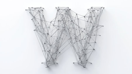 A sleek, modern "W" composed of tech-inspired lines and nodes, symbolizing progress and connectivity, displayed on a plain white background.の素材
