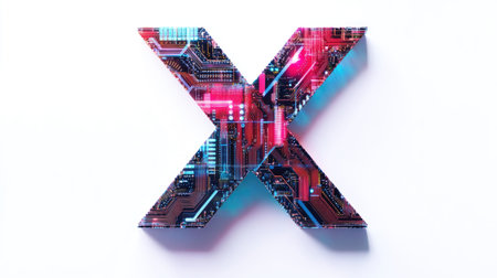 The letter "X" designed with futuristic technology elements, such as microchips and digital grids, standing out on a minimalist white background.の素材