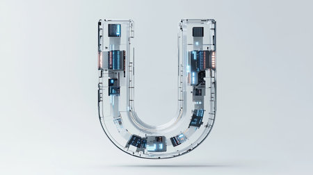 The letter "U" designed with futuristic technology elements, such as microchips and digital grids, standing out on a minimalist white background.の素材