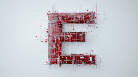 The letter "E" designed with futuristic technology elements, such as microchips and digital grids, standing out on a minimalist white background.の素材