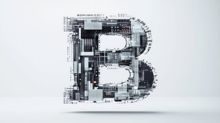 The letter "B" designed with futuristic technology elements, such as microchips and digital grids, standing out on a minimalist white background.の素材