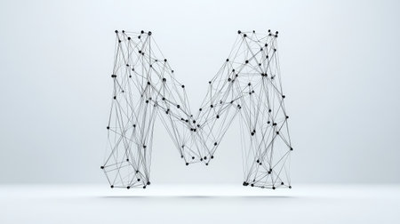 A sleek, modern "M" composed of tech-inspired lines and nodes, symbolizing progress and connectivity, displayed on a plain white background.の素材