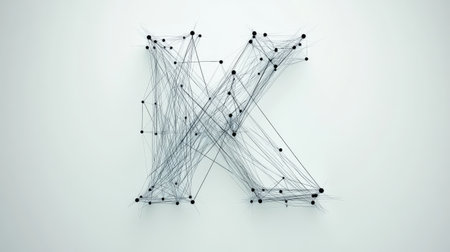 A sleek, modern "K" composed of tech-inspired lines and nodes, symbolizing progress and connectivity, displayed on a plain white background.の素材