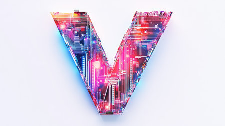 A large, bold letter "V" filled with intricate circuits and digital patterns, representing technology and innovation, set against a clean white background.の素材