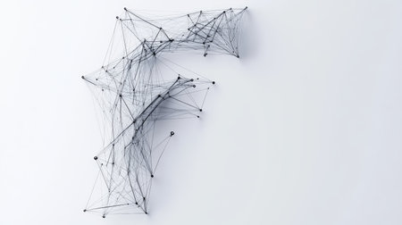 A sleek, modern "F" composed of tech-inspired lines and nodes, symbolizing progress and connectivity, displayed on a plain white background.の素材