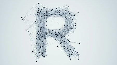 A sleek, modern "R" composed of tech-inspired lines and nodes, symbolizing progress and connectivity, displayed on a plain white background.の素材