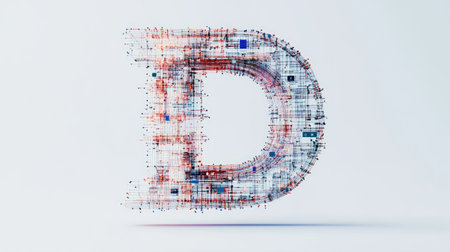 The letter "D" designed with futuristic technology elements, such as microchips and digital grids, standing out on a minimalist white background.の素材