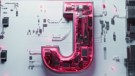 The letter "J" designed with futuristic technology elements, such as microchips and digital grids, standing out on a minimalist white background.の素材