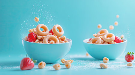 A pair of bowls overflowing with sweet cereal rings, milk, and strawberries on a bright blue background, creating a vibrant and playful breakfast scene.の素材