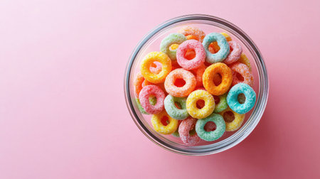 A jar filled with colorful sweet cereal rings, photographed from above on a pink background, offering a cheerful and vibrant breakfast visual.の素材