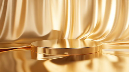 A sleek golden 3D platform with a reflective surface, designed to highlight premium products in a sophisticated and glamorous settingの素材