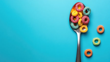 A silver spoon holding a mix of colorful cereal rings, placed on a blue background, perfect for playful breakfast or snack visuals.の素材