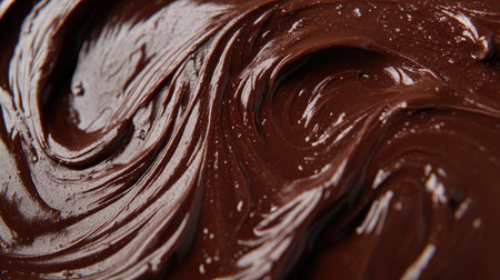 Close-up of rich, melted chocolate swirling smoothly to create a luxurious texture, ideal for food photography, confectionery branding, or dessert-related themes.の素材