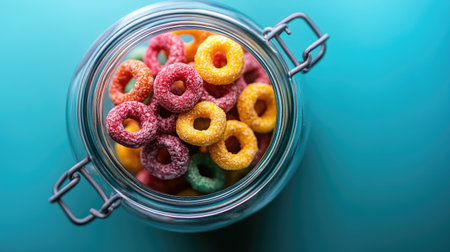 A jar of vibrant cereal rings on a blue backdrop, showcasing the playful and sweet nature of this breakfast favorite.の素材