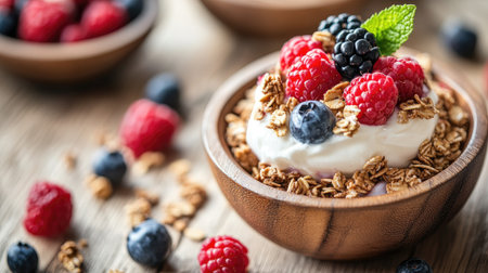 A nutritious breakfast spread with granola, yogurt, and fresh berries, beautifully displayed on a wooden surface, perfect for promoting healthy eatingの素材