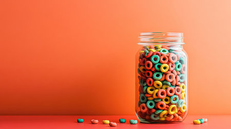 A jar of colorful cereal rings against an orange backdrop, offering a vibrant and cheerful image for breakfast or snack-related visuals.の素材