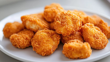 A mouthwatering plate of breaded chicken nuggets, captured in a close-up view on a white plate, emphasizing their crunchy coating and savory flavor.の素材