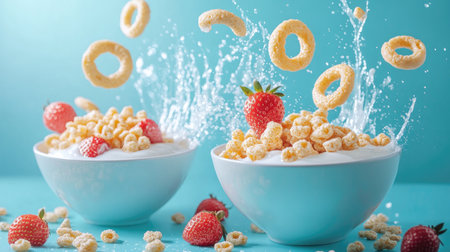 A pair of bowls overflowing with sweet cereal rings, milk, and strawberries on a bright blue background, creating a vibrant and playful breakfast scene.の素材