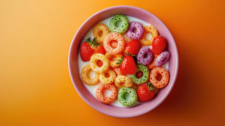 A vibrant bowl of colorful cereal rings with fresh strawberries and milk, set against an orange background, offering a fun and playful breakfast visualの素材