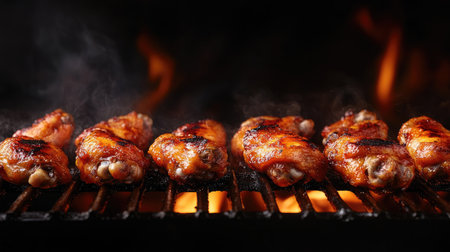 A row of crispy grilled chicken wings being cooked over a burning fire, set against a black background, capturing the essence of outdoor grilling and smoky flavors.の素材