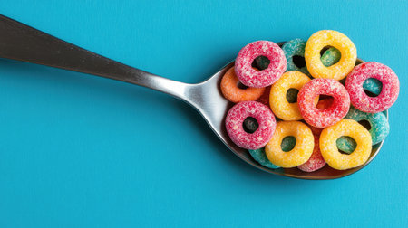 A silver spoon holding a mix of colorful cereal rings, placed on a blue background, perfect for playful breakfast or snack visuals.の素材