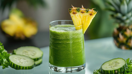A refreshing green smoothie in a glass, surrounded by pineapple and cucumber slices, set on a glass-topped table. Perfect for promoting healthy drinks and detox recipes.の素材