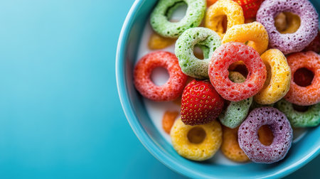 A close-up of a bowl filled with multicolored cereal rings, milk, and strawberries, placed on a blue background, perfect for promoting sweet, fun breakfastsの素材