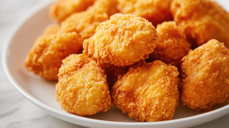 Close-up shot of golden, crispy breaded chicken nuggets served on a white porcelain plate, highlighting their texture and appetizing appearance. Perfect for fast food or snack visuals.の素材