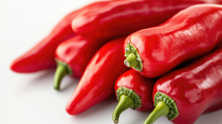 Close-up of vibrant red peppers isolated on a pristine white background, showcasing their glossy texture and fresh, natural appeal. Perfect for food and culinary themes.の素材