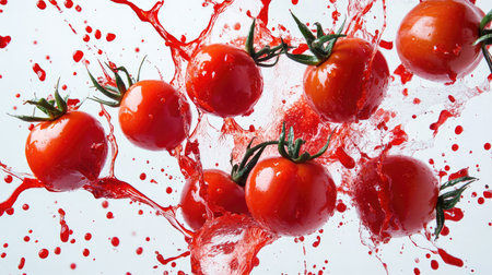 Explosive splash of ripe red tomatoes against a white background, evoking the vibrant spirit of the La Tomatina festival. Perfect for creative or celebratory concepts.の素材