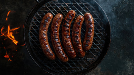 A top-down view of Sucuk beef sausage sizzling on a grill, set against a dark background, with ample copy space. Perfect for promoting grilled meats or BBQ cuisineの素材